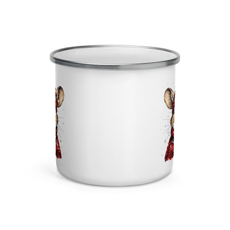 Enamel Mug, Mouse wearing red winter hat and scarf in the snow, xg8dl3
