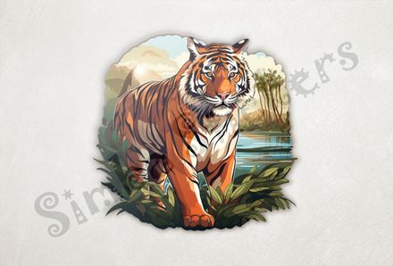 Tiger in the jungle, with a pond behind