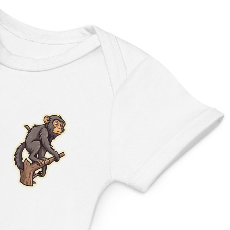 Organic Cotton Baby Bodysuit, 3-18 months, Baboon on a tree, looking sad, left chest
