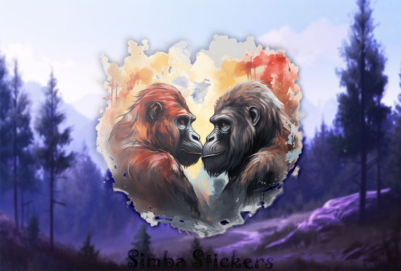 Gorillas in love nose-to-nose, watercolour, lpb6vo