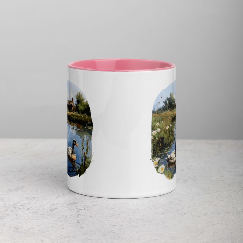 White Ceramic Mug with Color Inside, 11 &amp;15oz, Ducks in love swimming in farmhouse pond 