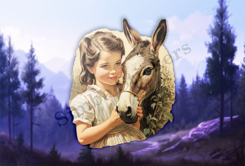 Donkey hugged by small girl of European origin in a white dress