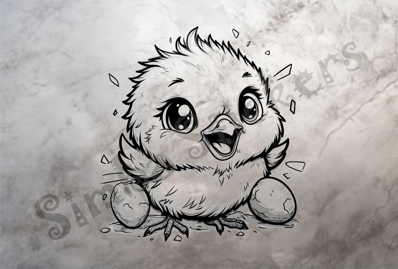 Chick just hatched, next to 2 smaller eggs, outline art