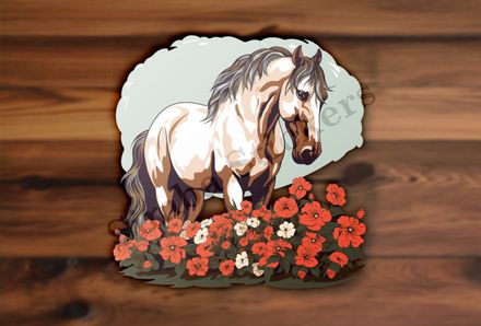 Brown horse in field of red flowers