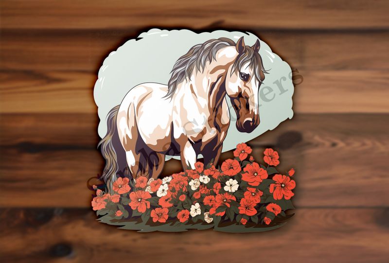 Brown horse in field of red flowers, n4w2fj