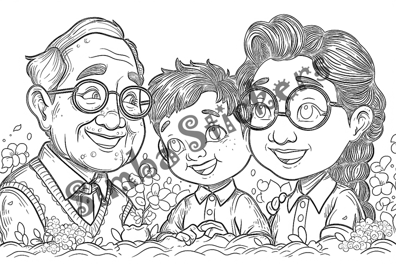 Colouring pages, bundle of people, grandparents with children, 10 images