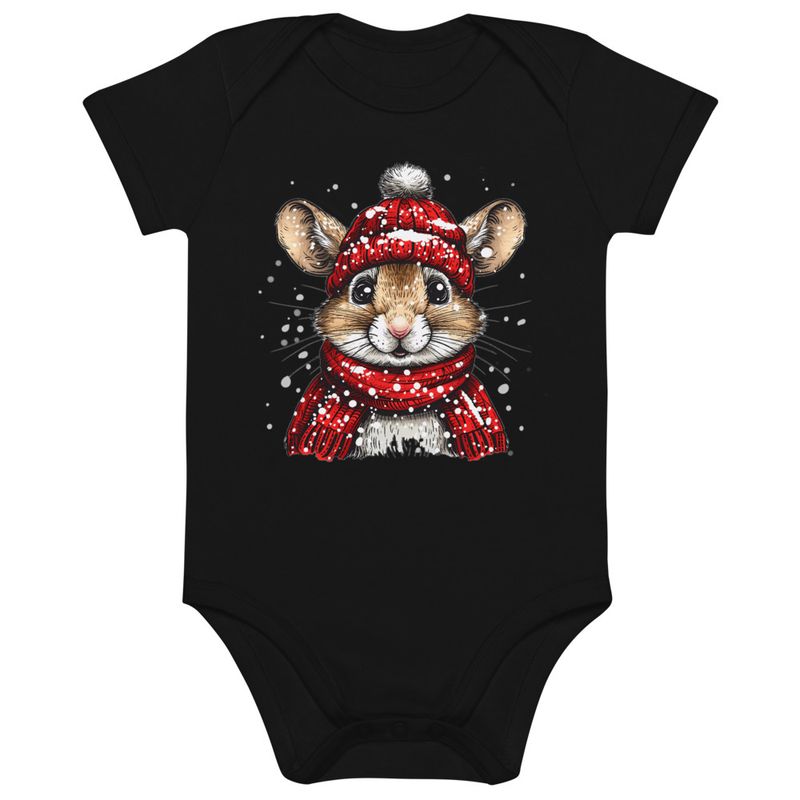 Organic Cotton Baby Bodysuit, 3-18 months, Mouse wearing red winter hat and scarf in the snow,xg8dl3