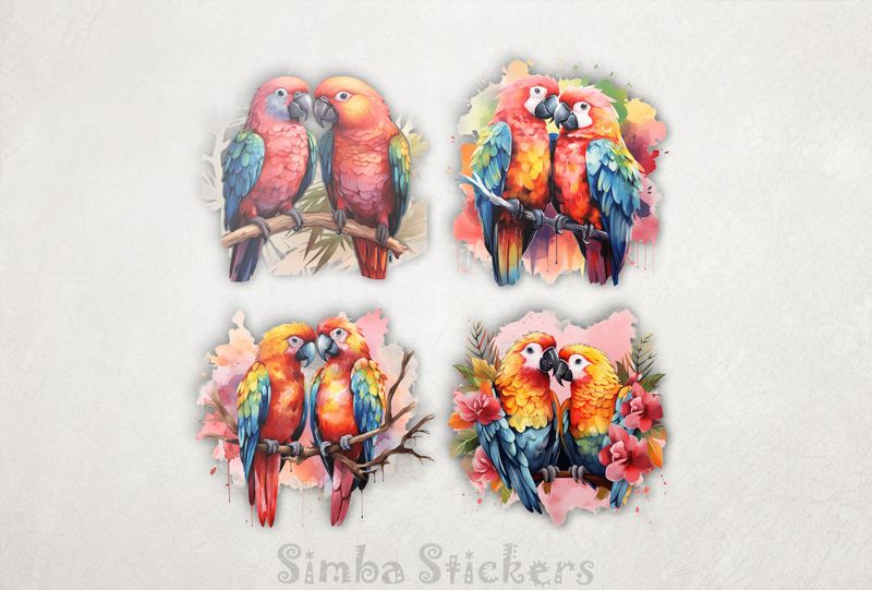 Parrots in love perching nose-to-nose, watercolour, 4-in-1, wbxkpp