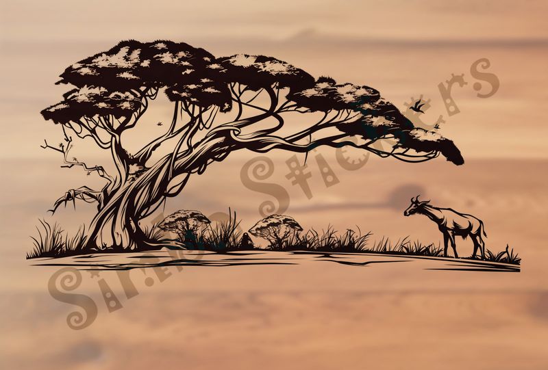 African Savanna landscape, antelope by giant tree, outline art