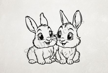 Bunnies in love,  cheek-to-cheek, outline art