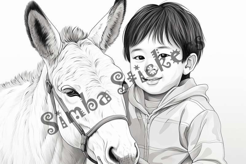 Colouring pages, bundle of mules with children, 10 images