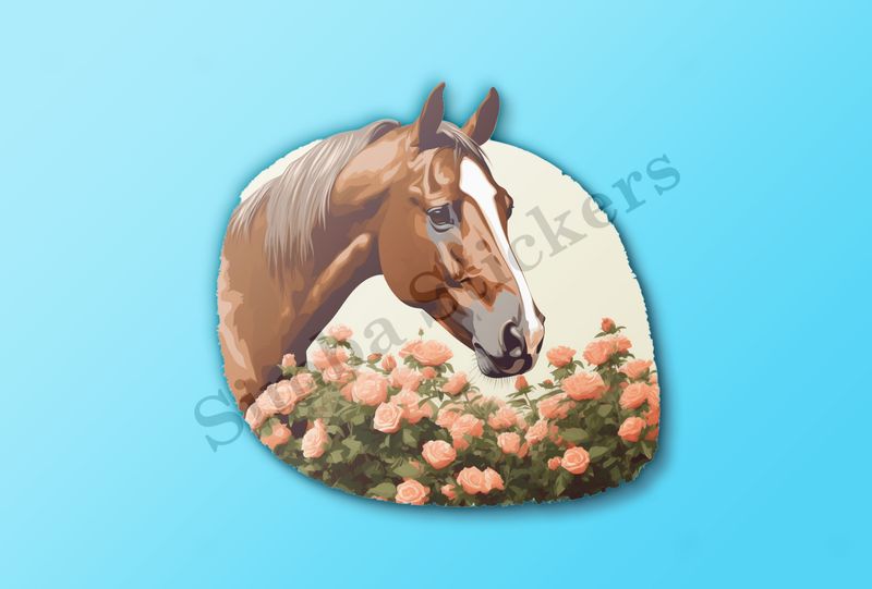 Brown horse bust behind pink flowers