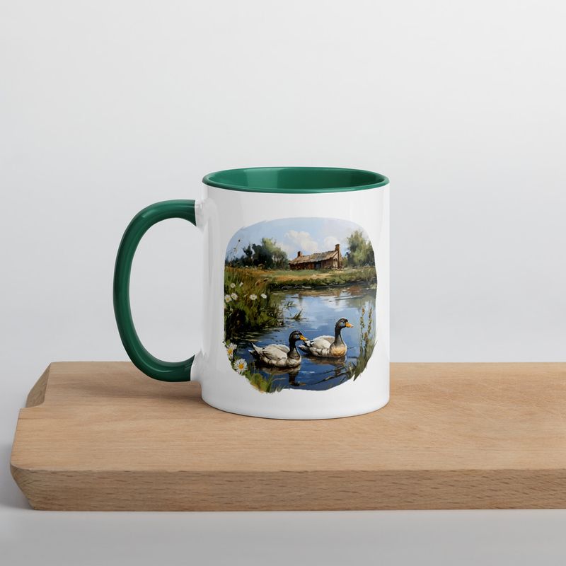 White Ceramic Mug with Color Inside, 11 &amp;15oz, Ducks in love swimming in farmhouse pond 