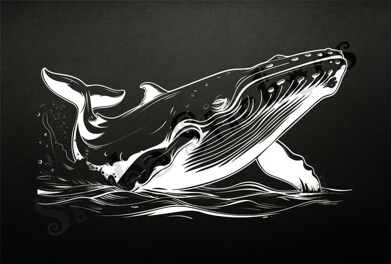 Whale almost completely above water, outline art