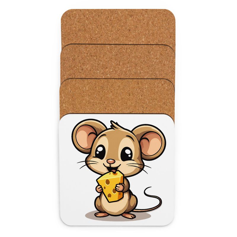 Cork-Back Coaster, Small Mouse happily licking large chunk of cheese, pqapy6