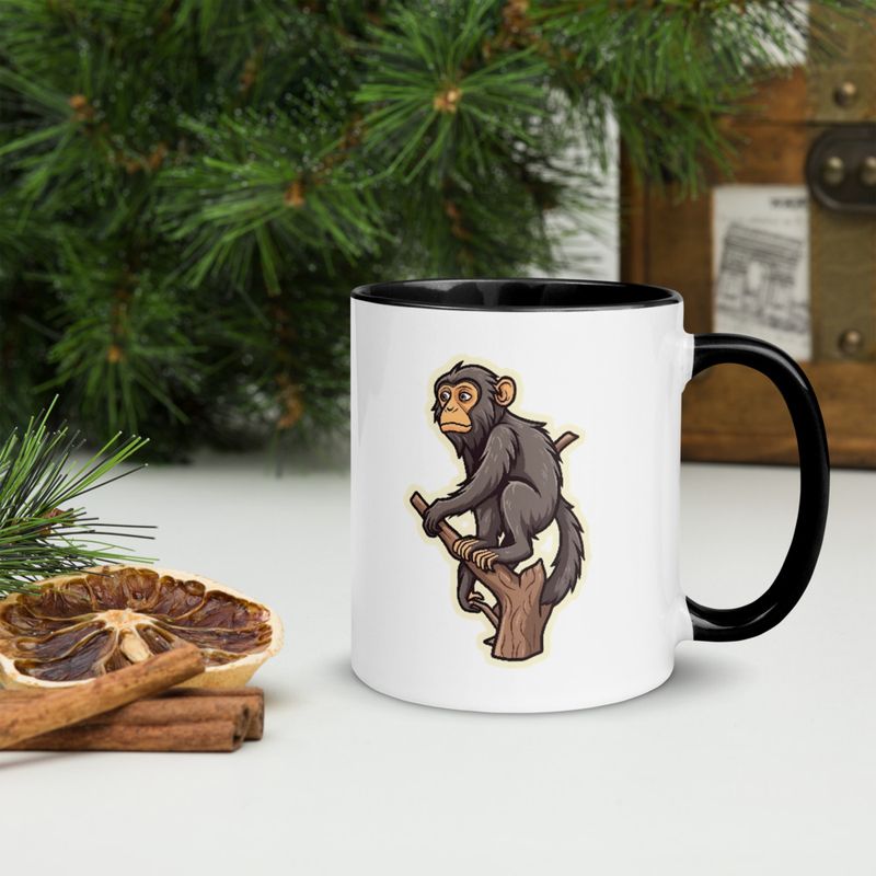 White Ceramic Mug with Color Inside, 11oz &amp; 15oz, Baboon on a tree, looking sad, head-to-head
