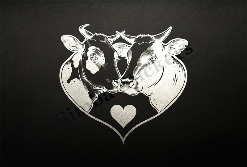 Bull and cow cheek-to-cheek, heart in picture, outline art