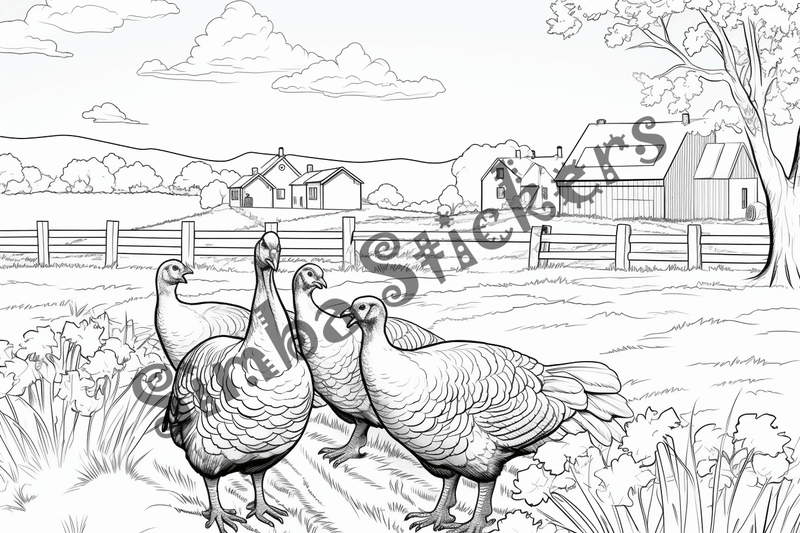 Colouring pages, bundle of turkeys on a farm, 25 images