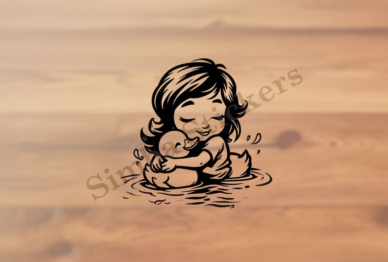 Small girl hugging duckling in a pond, outline art