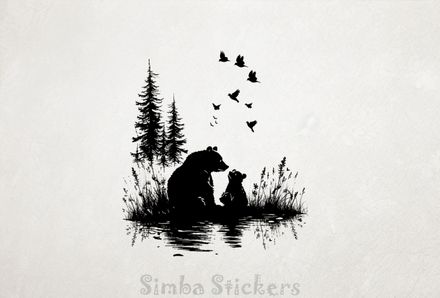 Bear mother with one bear cub, outline art, 7i3bg7