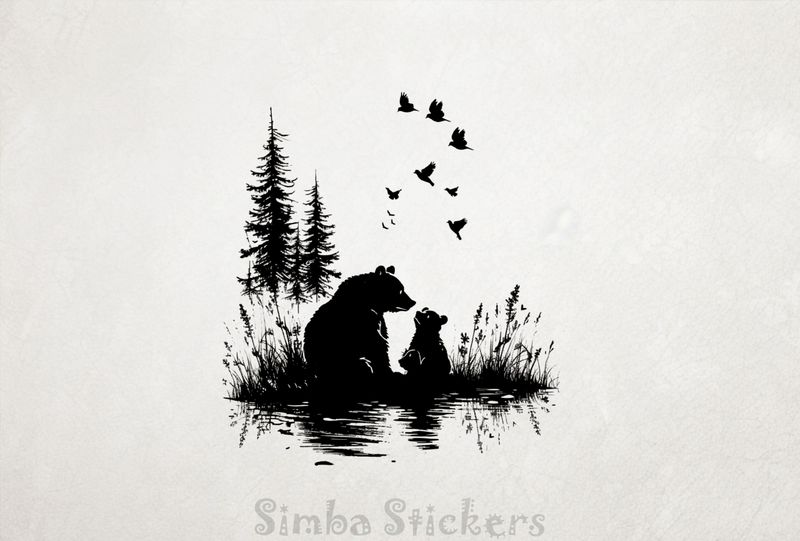 Bear mother with one bear cub, outline art, 7i3bg7