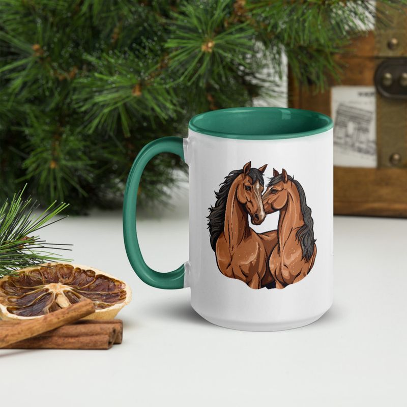 White Ceramic Mug with Color Inside, 11&amp;15oz, Two brown horses snuggling, tdwcyd
