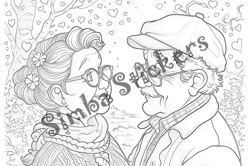Colouring pages, bundle of people, grandparents in love, 25 images