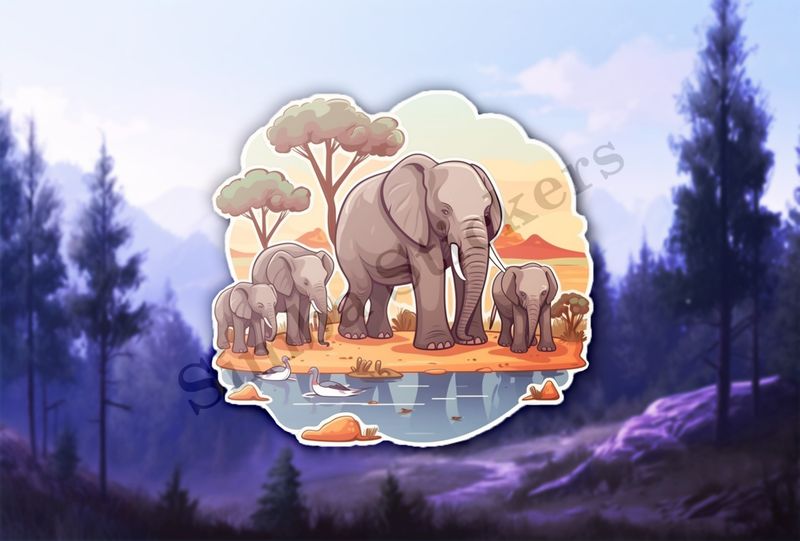 African elephant family at a pond in the Savanna