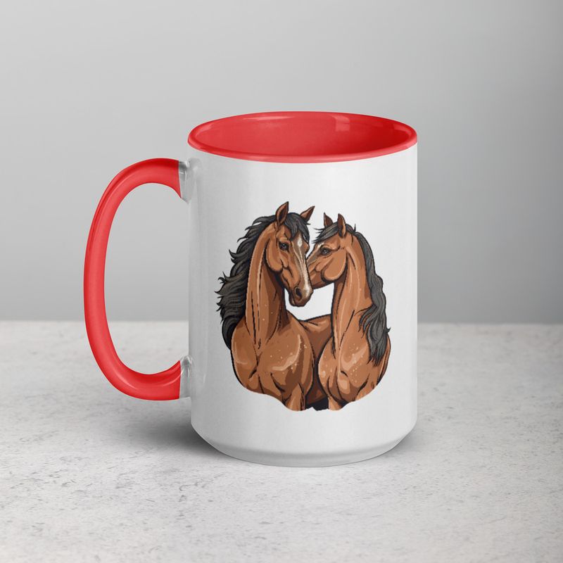 White Ceramic Mug with Color Inside, 11&amp;15oz, Two brown horses snuggling, tdwcyd