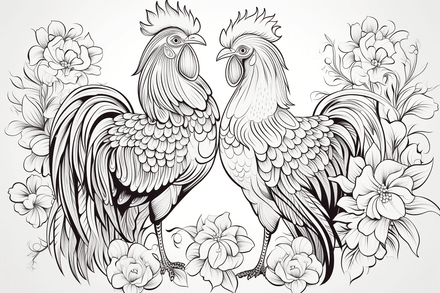 Colouring pages, bundle of chicken in love, mostly in flowers, 10 images