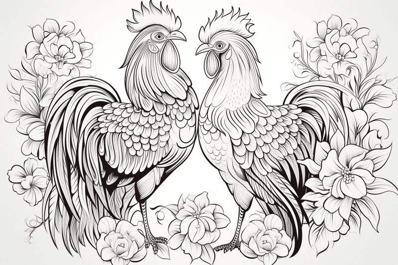 Colouring pages, bundle of chicken in love, mostly in flowers, 10 images