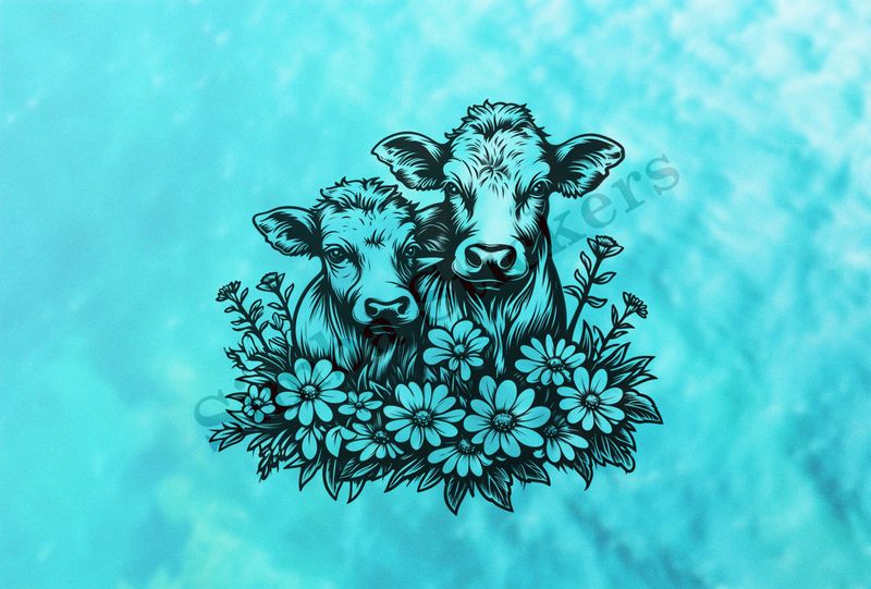 Bull and cow, romantic, with flowers ,  outline art