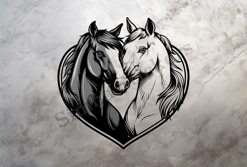 Horses in love, bust in heart frame, outline art