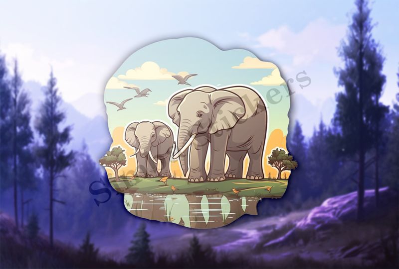 Two elephants at a pond in the Savanna