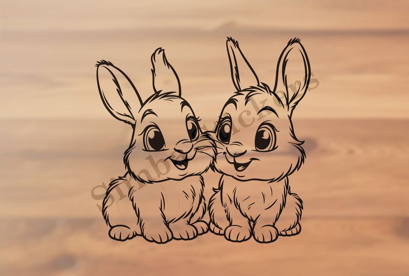 Bunnies in love,  cheek-to-cheek, outline art