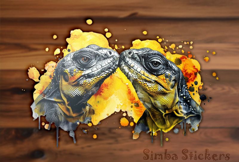 Llizards nose-to-nose in love, in front of yellow-red background, watercolour