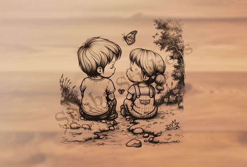 Boy and girl sitting on either side of narrow stream, outline art