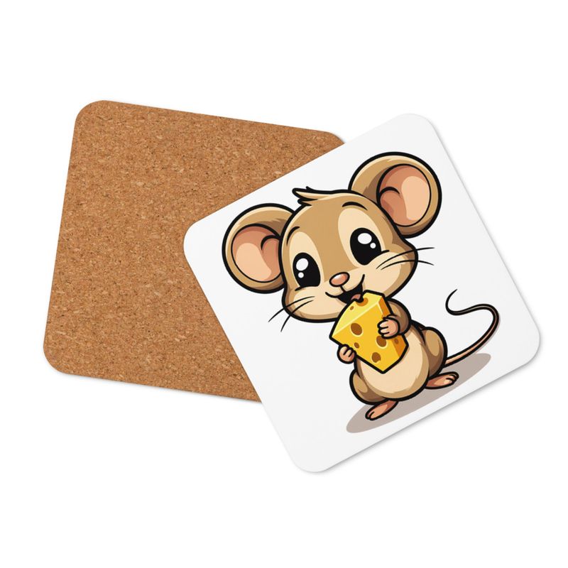 Cork-Back Coaster, Small Mouse happily licking large chunk of cheese, pqapy6