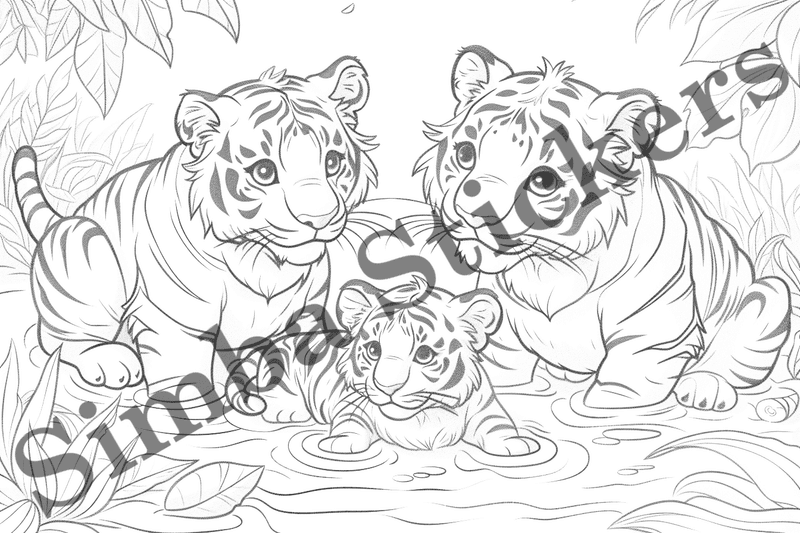 Colouring pages, bundle of tigers, 10 images