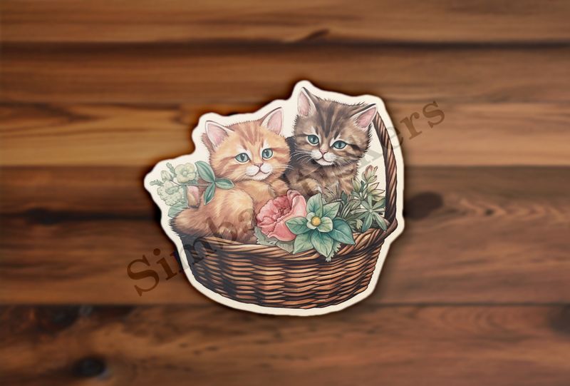 Cat kittens in a basket, vintage watercolour