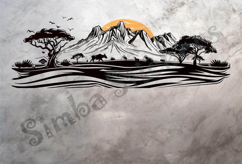 African Savanna landscape, sun rising over mountain range, outline art
