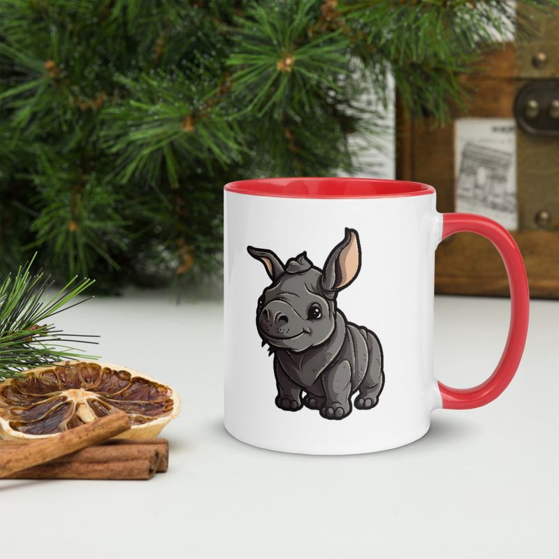 White Ceramic Mug with Color Inside, 11oz &amp; 15oz, Black rhino calf looking cute 