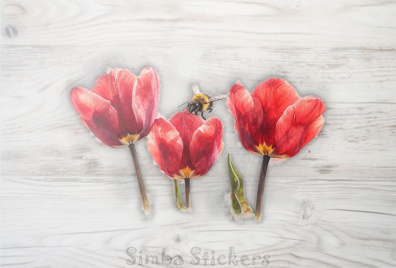 Bees above middle tulip in a row, watercolour