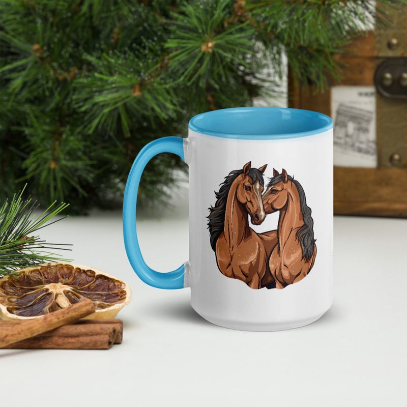 White Ceramic Mug with Color Inside, 11&amp;15oz, Two brown horses snuggling, tdwcyd