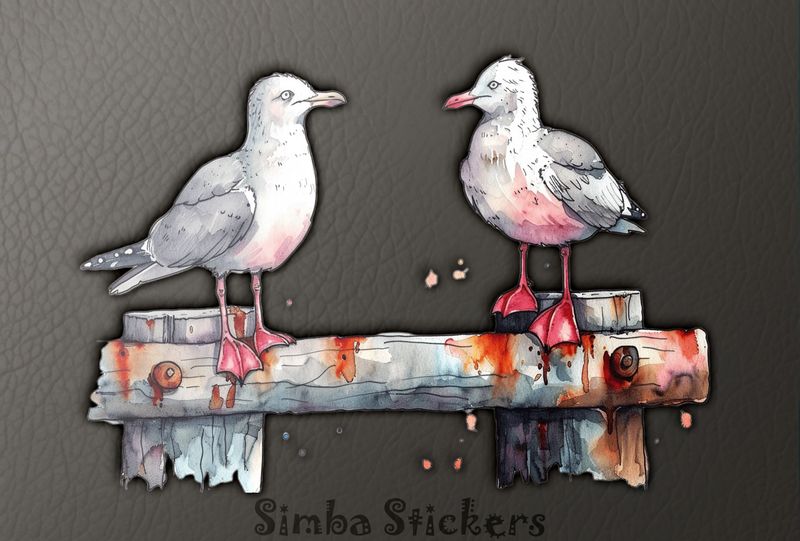 Seagulls perching on a wooden fence, watercolour, mvvdtf