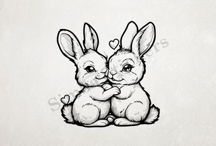 Rabbits in love, cheek-to-cheek,  outline art
