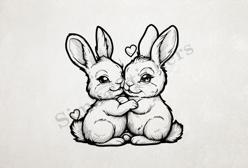 Rabbits in love, cheek-to-cheek,  outline art