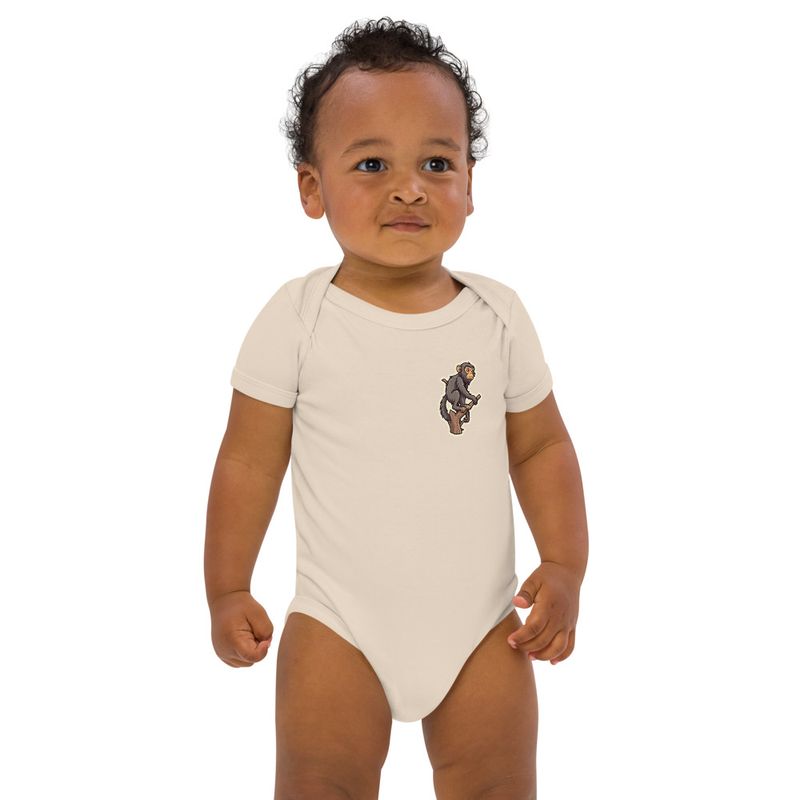Organic Cotton Baby Bodysuit, 3-18 months, Baboon on a tree, looking sad, left chest