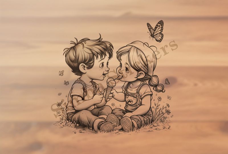 Boy and girl sharing an ice cream, butterfly above them, outline art