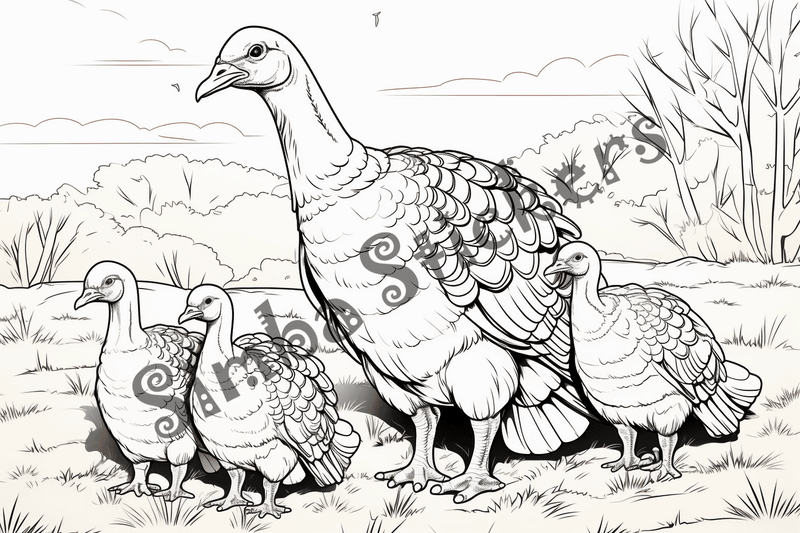 Colouring pages, bundle of turkey mother with poults, 10 images